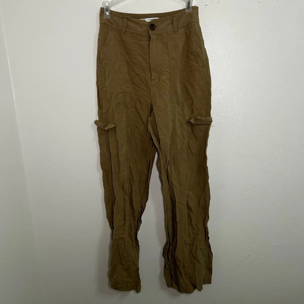 Zara linen blend khaki color cargo pockets pants
